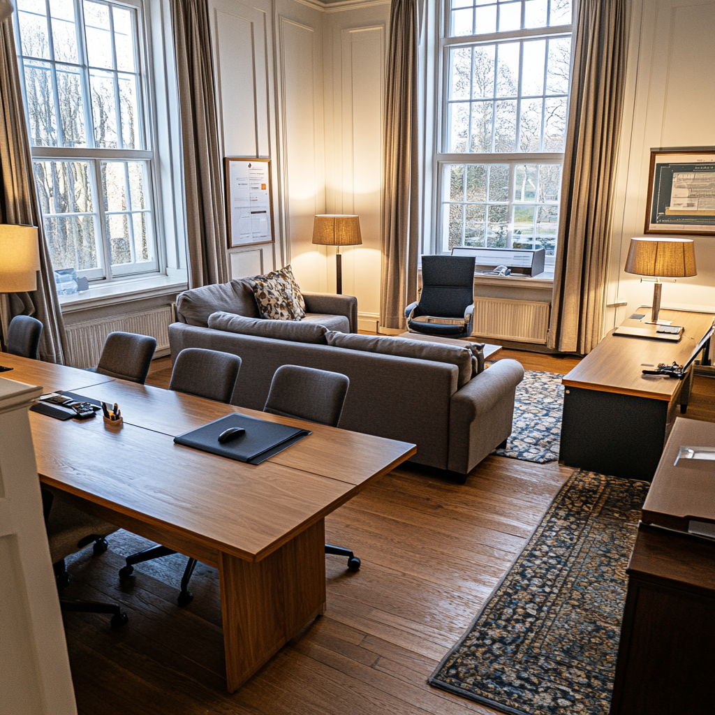 A Staff Room with grey sofas, lamps and rugs