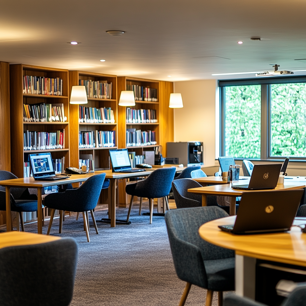 Modern School Staff Room with desks, tables and small library