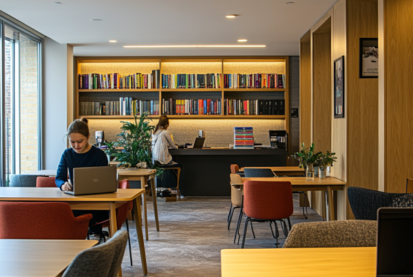 School Staff Room with feature lighting and plants
