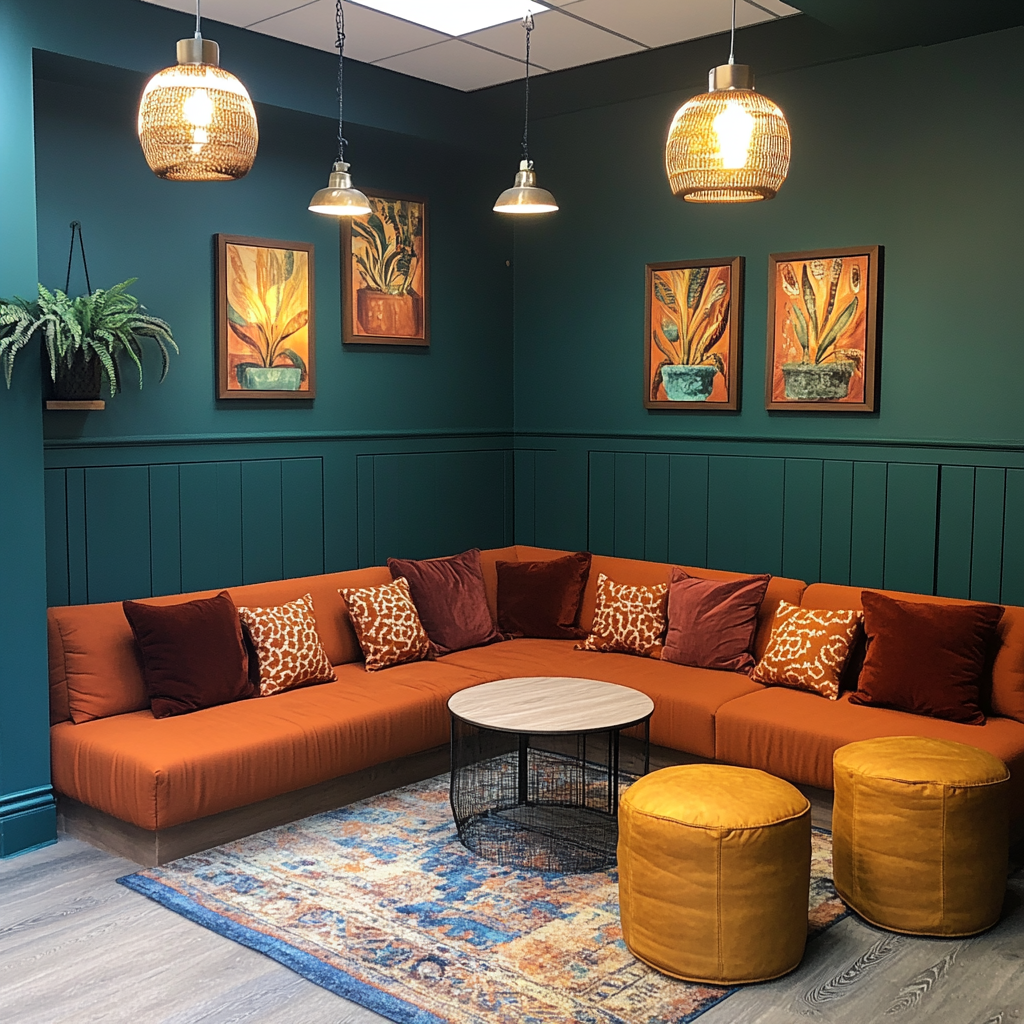 Staff Breakout area with soft banquette seating, feature lighting and art